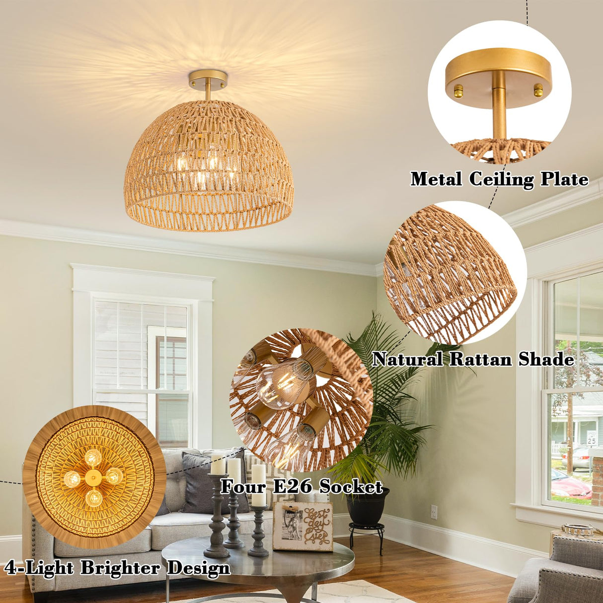 Rattan Ceiling Light Fixture, 4-Light Boho Semi Flush Mount Ceiling Light, 20" Wicker Light Fixture with Handmade Woven Cage Lampshade, Rattan Chandelier for Bedroom Hallway Nursery Kitchen Farmhouse Ledshaoyue