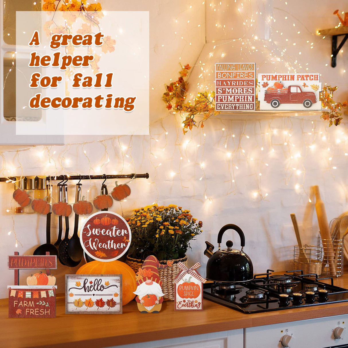 Amyhill 13 Pcs Fall Thanksgiving Tiered Tray Decor Set Pumpkin Maple Gnome Wooden Signs Hello Fall Table Centerpieces Farmhouse Tabletop Decorations for Home Autumn Harvest Shelf Table Amyhill