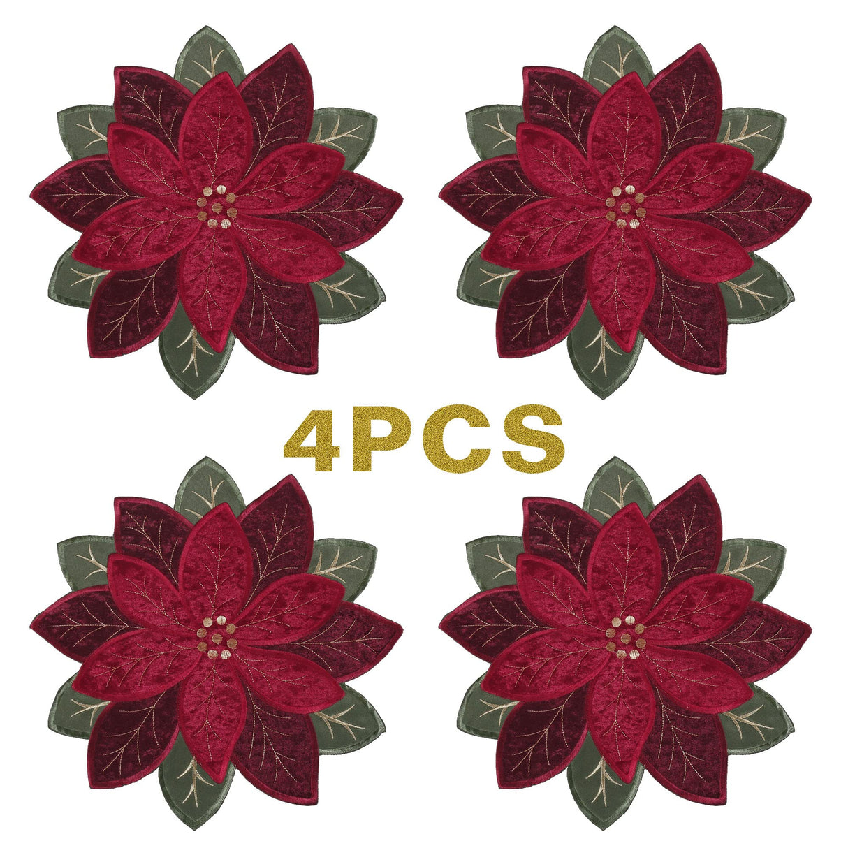 OWENIE Christmas Placemats Set of 4, Poinsettia Table Mats with Embroidered and Applique Velvet Fabric, 16 Inch x 16 Inch Diecut Placemat for XMAS Holiday Tabletop, Round Doilies for Dining Table, Red OWENIE
