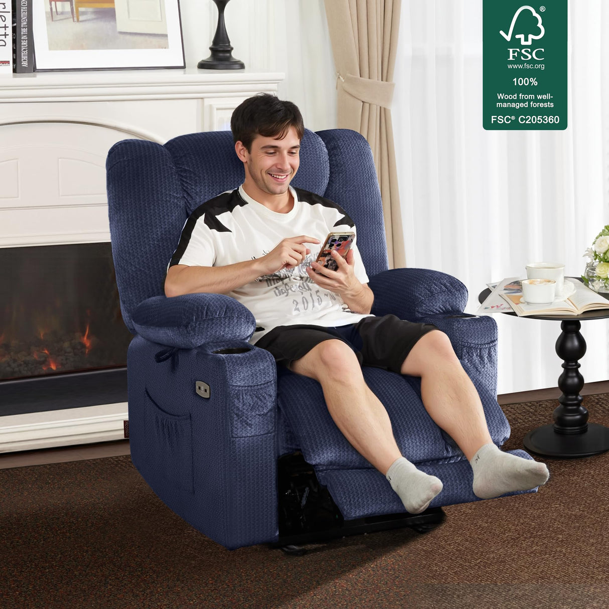 MCombo Zero Gravity Power Recliner Chair with Heat and Vibration Massage, Reclining Chair with USB & Type C Ports, Cup Holders for Living Room, Fabric 6079 (Navy Blue Medium 21.2" Seat Width) MCombo