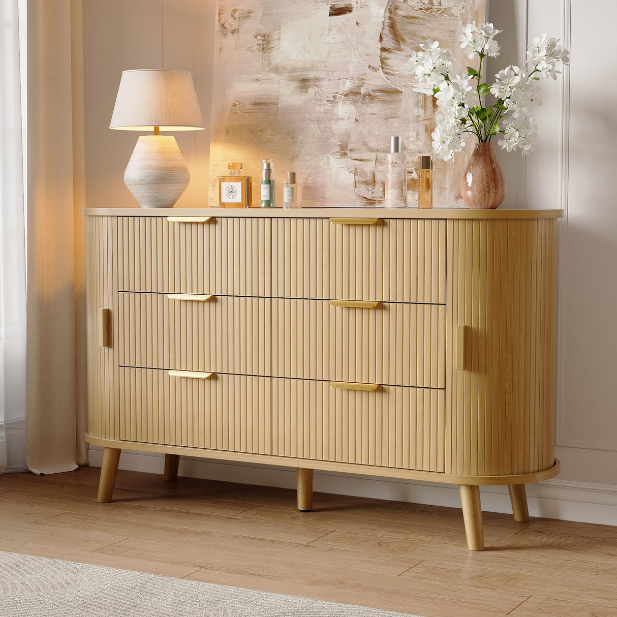 Decofy Fluted 6 Drawers Dresser, 55'' Wide Mid Century Modern Chest of Drawers with Sliding Door & Metal Handles, Curved Profile & Sturdy Legs, Wood TV Stand for Bedroom, Living Room (Natural Oak) Decofy