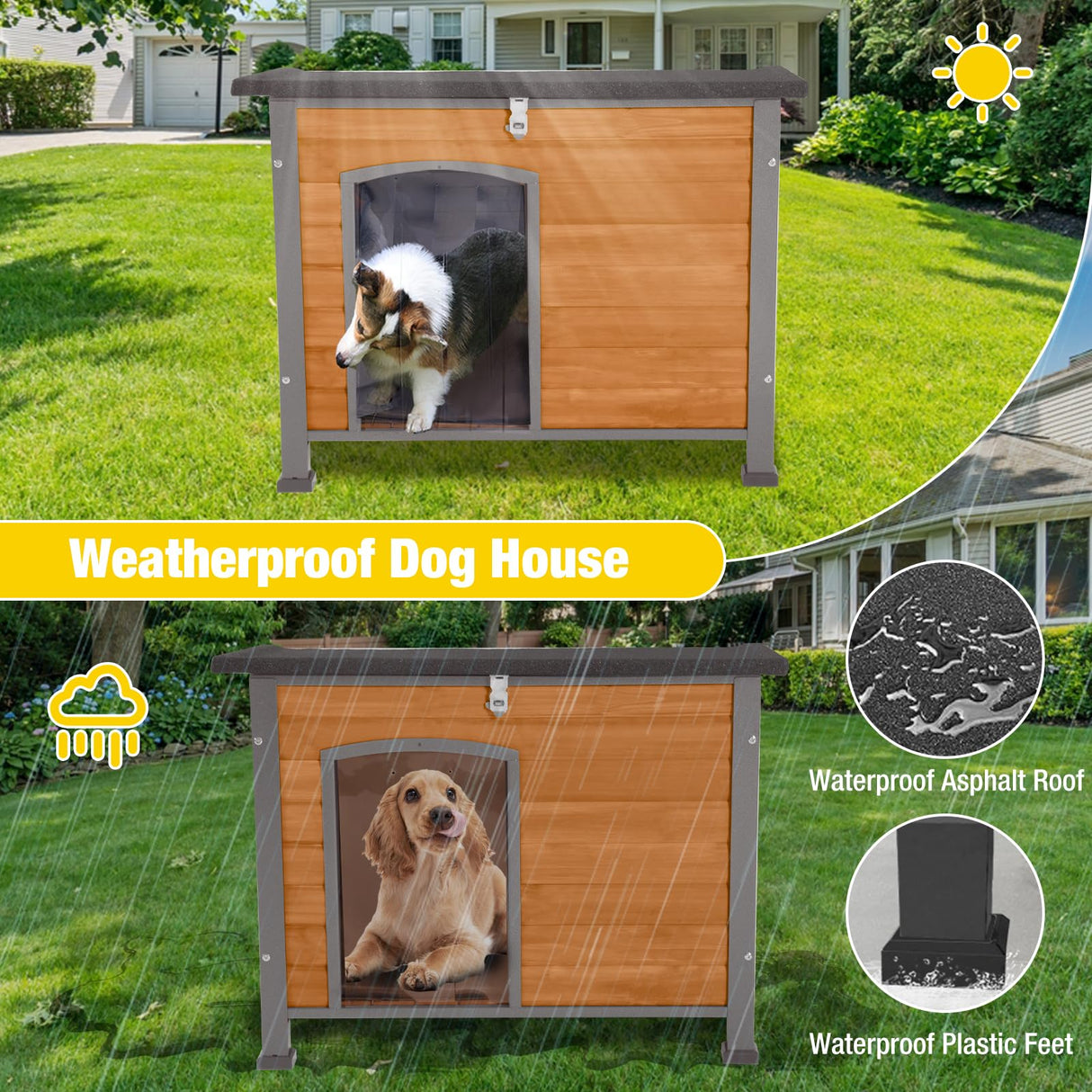 Aivituvin Dog House Outdoor & Indoor Wooden Dog Kennel for Winter with Raised Feet Weatherproof for Small & Medium & Large Dogs,Unique All-Around Iron Frame (Brown, M) Aivituvin