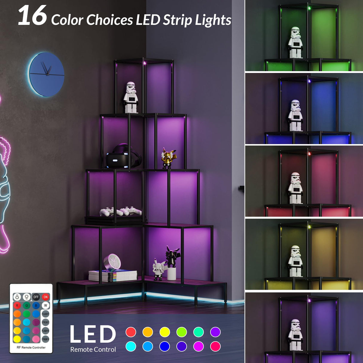 BELLEZE 5-Tier Corner Bookshelf with RGB Lights and Remote, 66" Tall L-Shaped Corner Bookcase, Storage & Display Rack for Living Room, Courtyard, Home Office - Gray BELLEZE