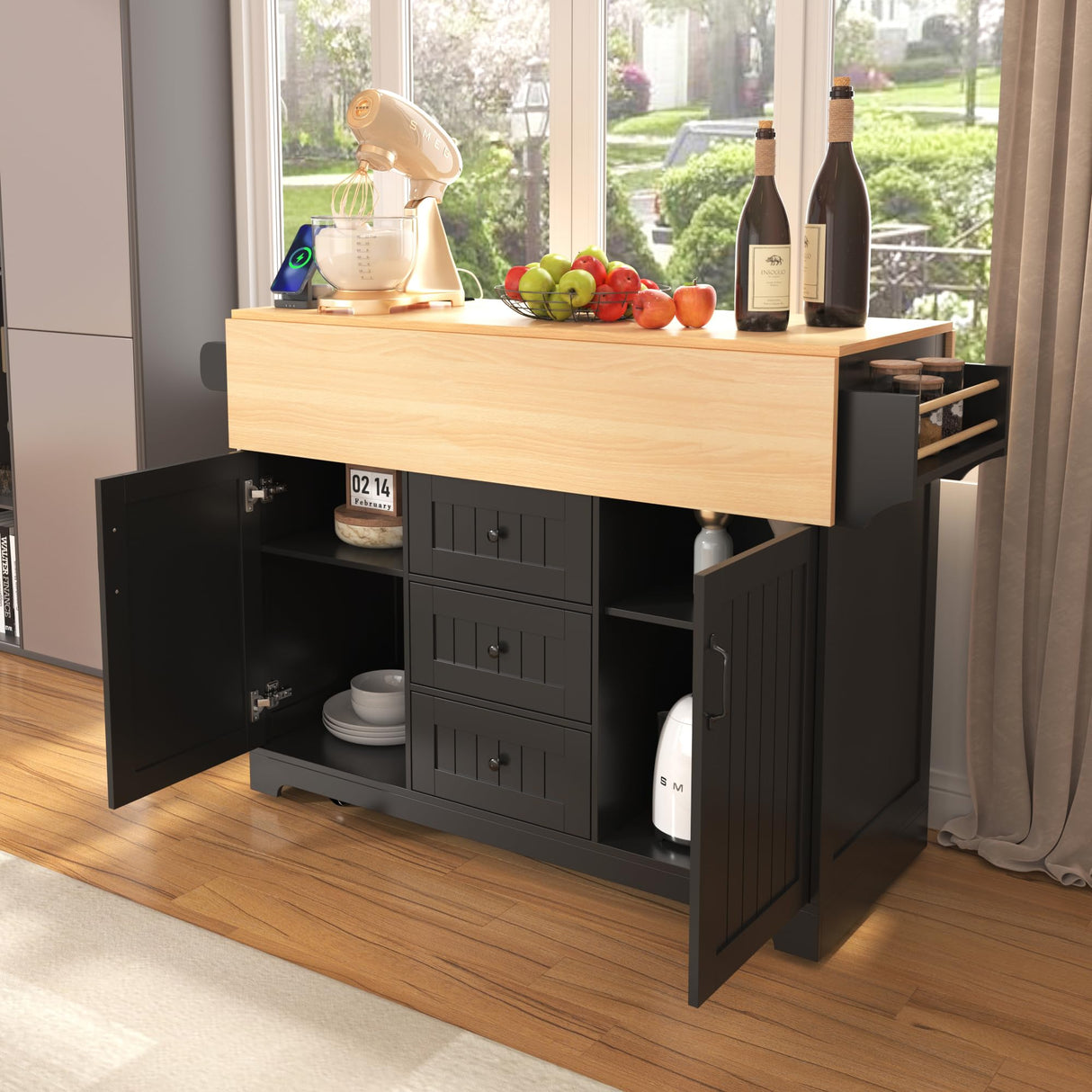 Merax 55.7" Large Kitchen Cart Island on Wheels Foldable Dining Table with 2 Drop Leaf,Power Outlet,3 Drawers,Wood Frame Storage Cabinet Merax