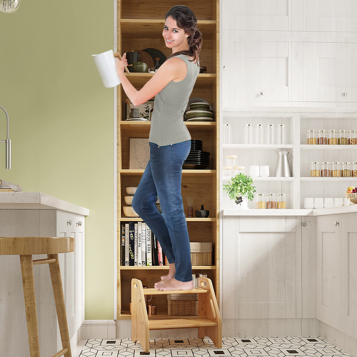 AMBIRD Wooden Step Stool, Two Step Stools Toddler 300 lbs Capacity with Safety Non-Slip Pads and Handles, Bamboo Step Stool for Bathroom, Kitchen Dual Height Step Stools for Kids (Natural) AMBIRD