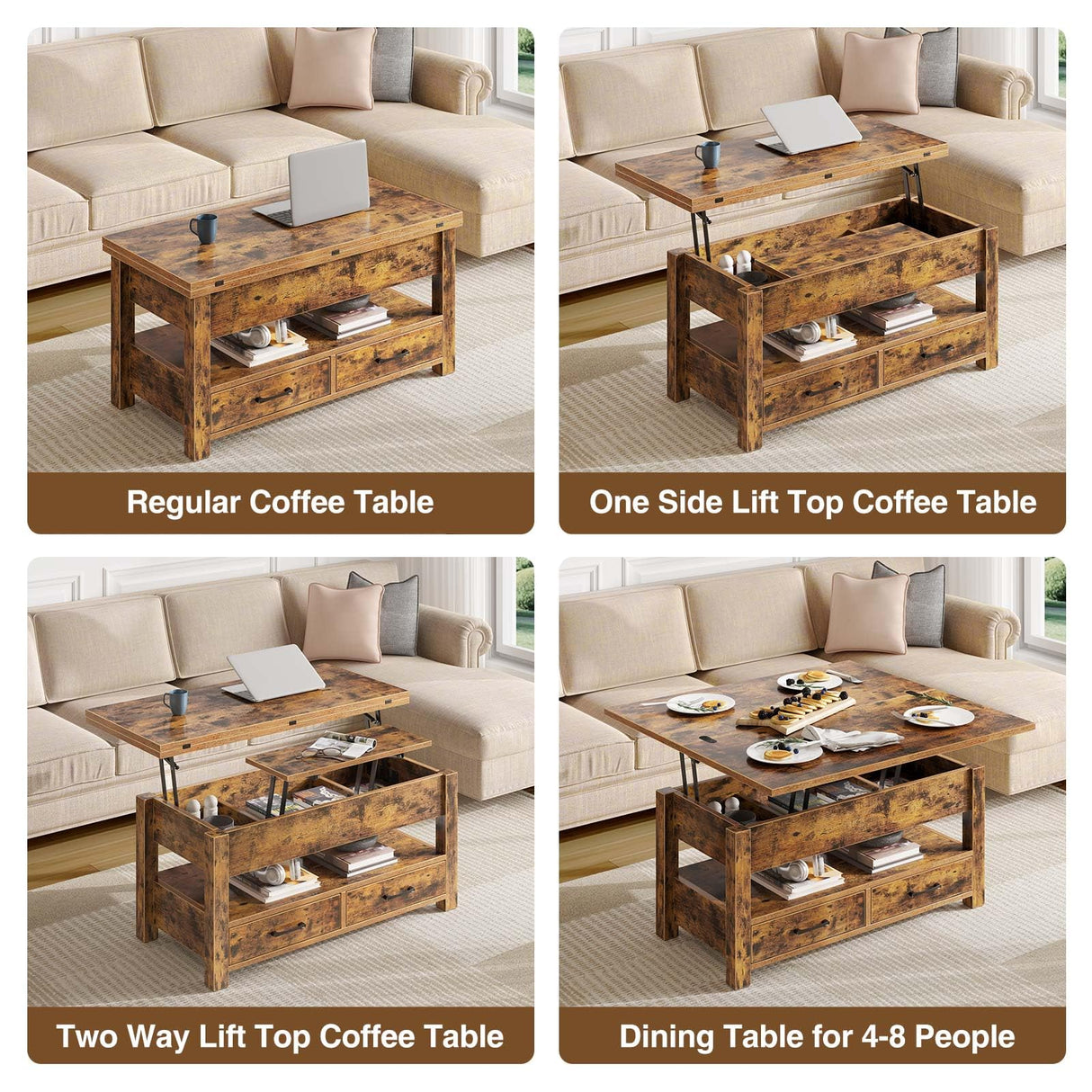 Rolanstar Coffee Table Lift Top, Multi-Function Convertible Coffee Table with Drawers and Hidden Compartment, Converts to Dining Table for Living Room, Home Office, Rustic Brown Rolanstar