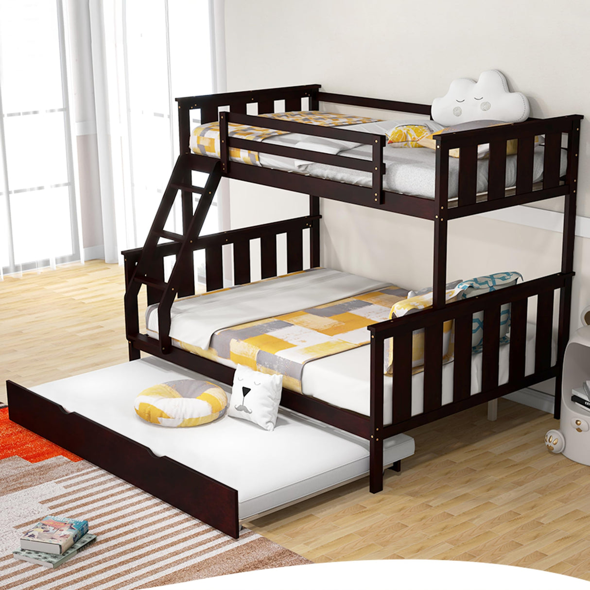 KOMFOTT Espresso Wood Twin Over Full Bunk Bed with Trundle, 250/400 lbs Capacity, Solid Pine Frame, Convertible to 2 Separate Beds, No Box Spring Needed KOMFOTT