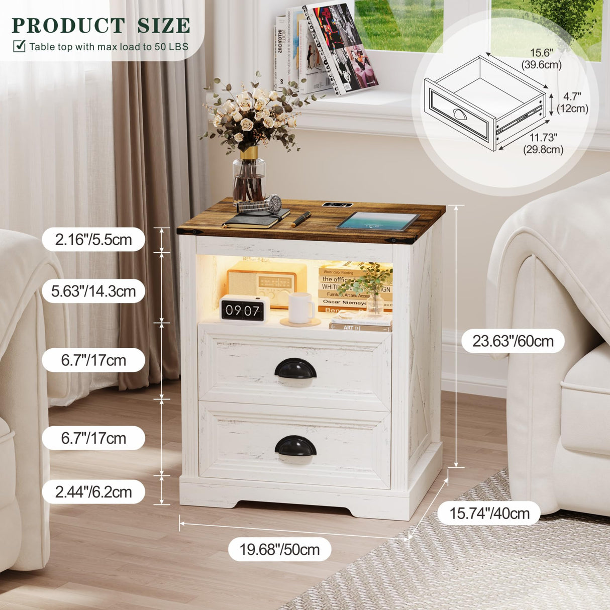 FONTOI Farmhouse Nightstand, End Table with Drawers, Nightstand with Charging Station, Bedside Table with 3 LED Lights Modes, Wood Nightstand with Smart Human Sensor for Bedroom, Brown & White FONTOI