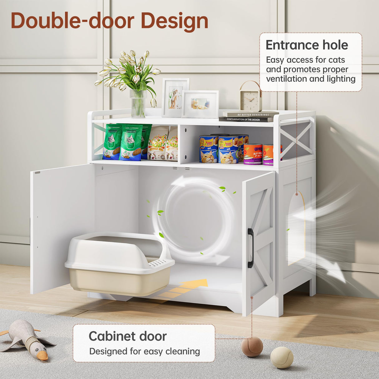 OtterOasis Cat Litter Box Enclosure, Ultra-Large Hidden Litter Box Furniture with Top Opening, Anti-Tipping Fence and 2 Open Drawers, Litter Box Cabinet End Table, White OtterOasis