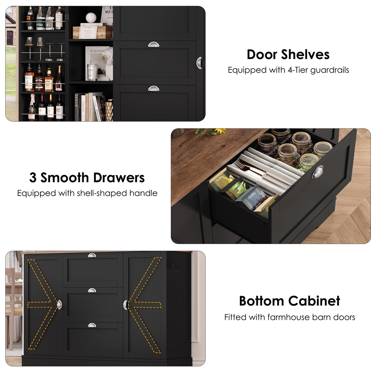 HIFIT Kitchen Pantry Buffet Cabinet with Storage and Charging Station, Farmhouse Kitchen Storage Cabinet Coffee Bar with Wine Rack|Barn Door|Microwave Stand|Door Shelves for Living Room, Black HIFIT