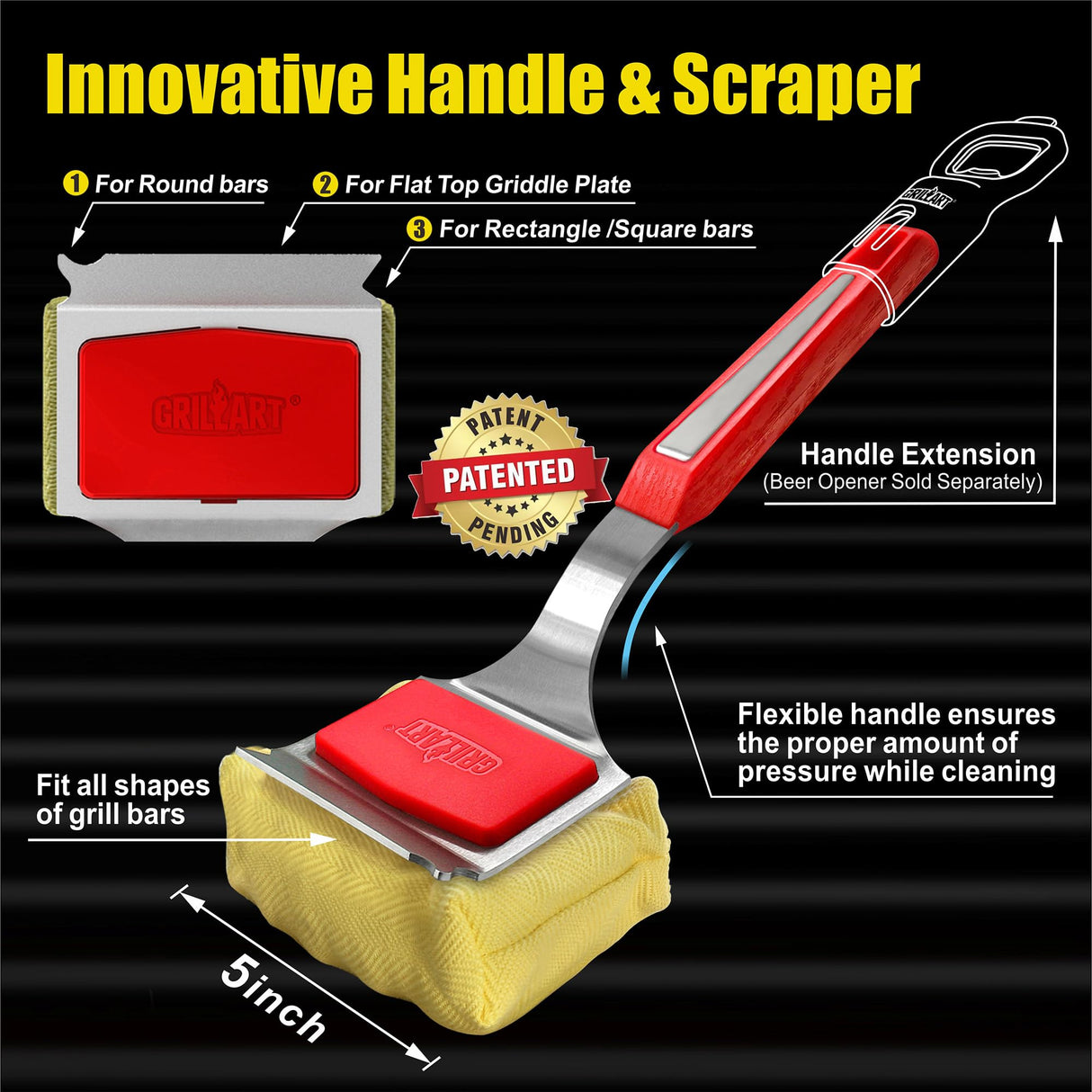 GRILLART Grill Brush Bristle Free. SteamWizards BBQ Replaceable Cleaning Head, Unique Seamless-Fit Scraper Tool for Cast Iron/Stainless-Steel Grates, Safe Barbecue Grill Cleaner-Red GRILLART