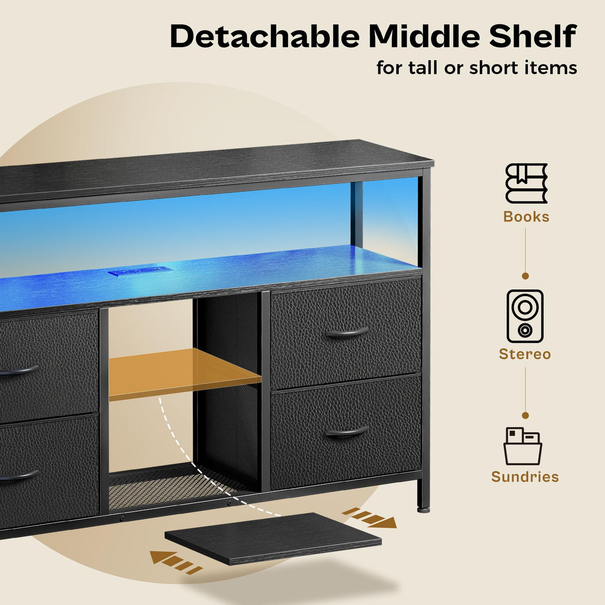 Huuger 47 Inch TV Stand Dresser with Power Outlets and LED Lights, 4 Drawers Entertainment Center with Open Shelf, Media Console for 55 50 Inch TV, Dresser with PU Finish, Black Huuger