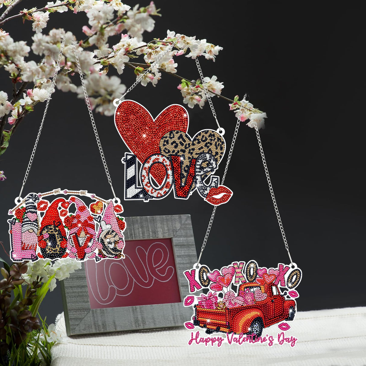 Burbell 3 Pcs Diamond Art Painting Kits - Heart, Love & Gnome Truck Hanging Ornaments & Signs - DIY Painting Art Kits for Adults - Valentine's Day, Window, Door & Wall Decorations Burbell