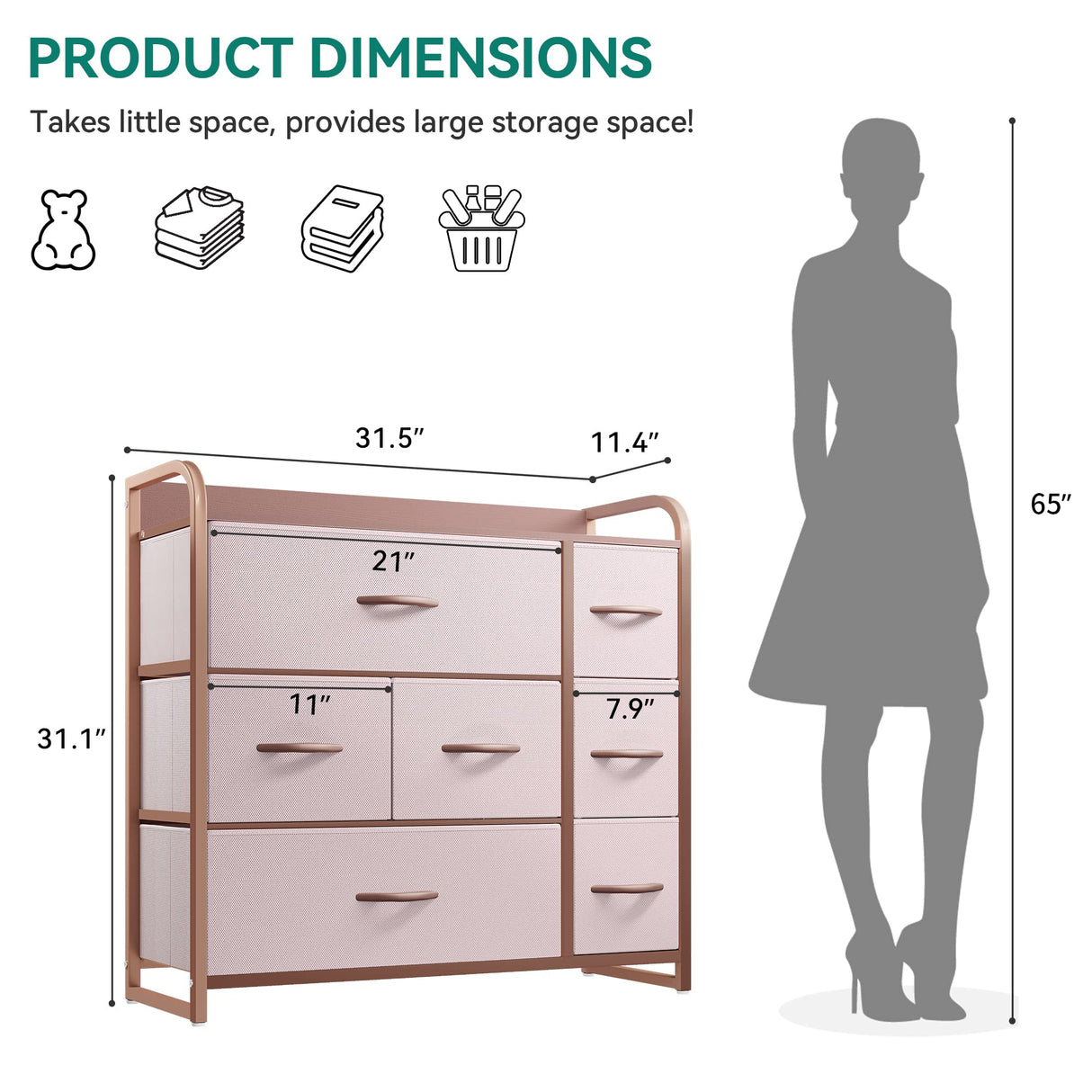 YITAHOME Dresser with 7 Drawers - Fabric Storage Tower, Organizer Unit for Bedroom, Living Room, Hallway, Closets - Sturdy Steel Frame, Wooden Top & Easy Pull Fabric Bins, Pink YITAHOME