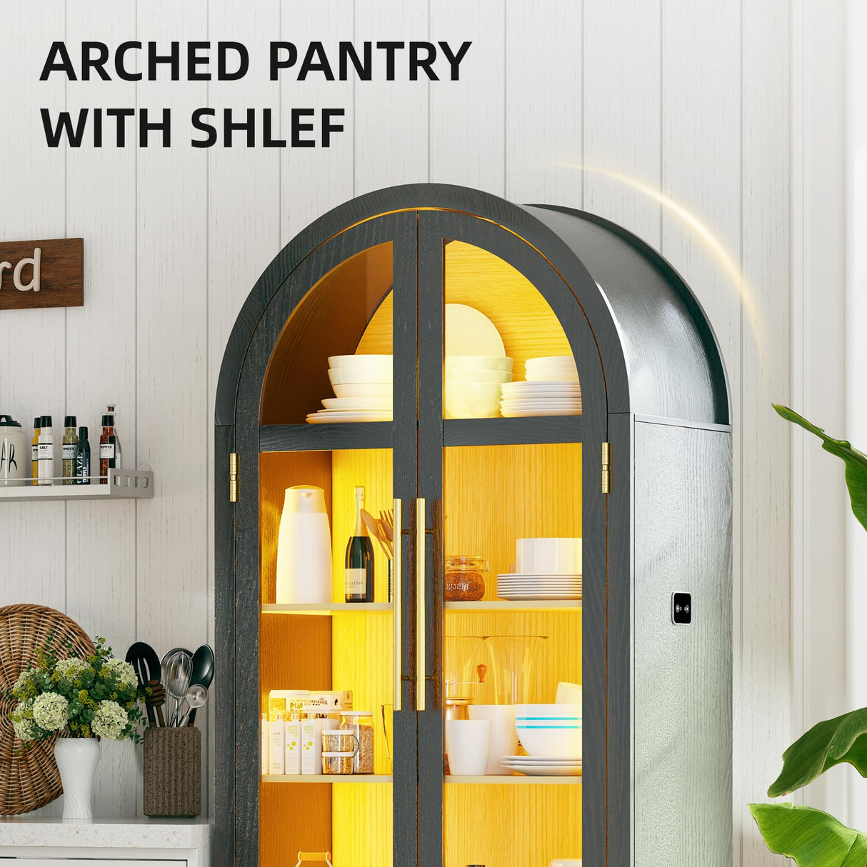 MDGC Arch Display Cabinet with Glass Doors, 4-Tier Curio Cabinet Shelves and a Drawer,73" Inch Tall LED Display Case for Collectibles,Bookcase for Bedroom Living Room Office,Black MDGC