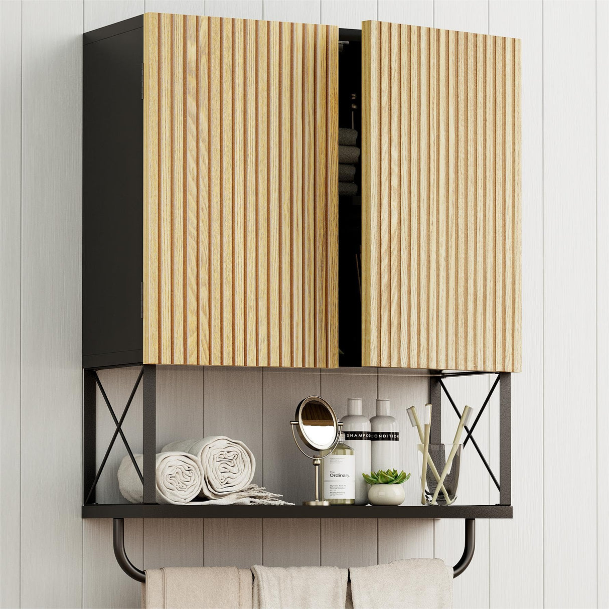 HOKYHOKY Fluted Bathroom Wall Medicine Cabinet - Hanging Bathroom Wall Mounted Cabinet with Towel Bar, Above Toilet Storage Cabinet for Bathroom Organizers and Storage, Medium Size, Black HOKYHOKY