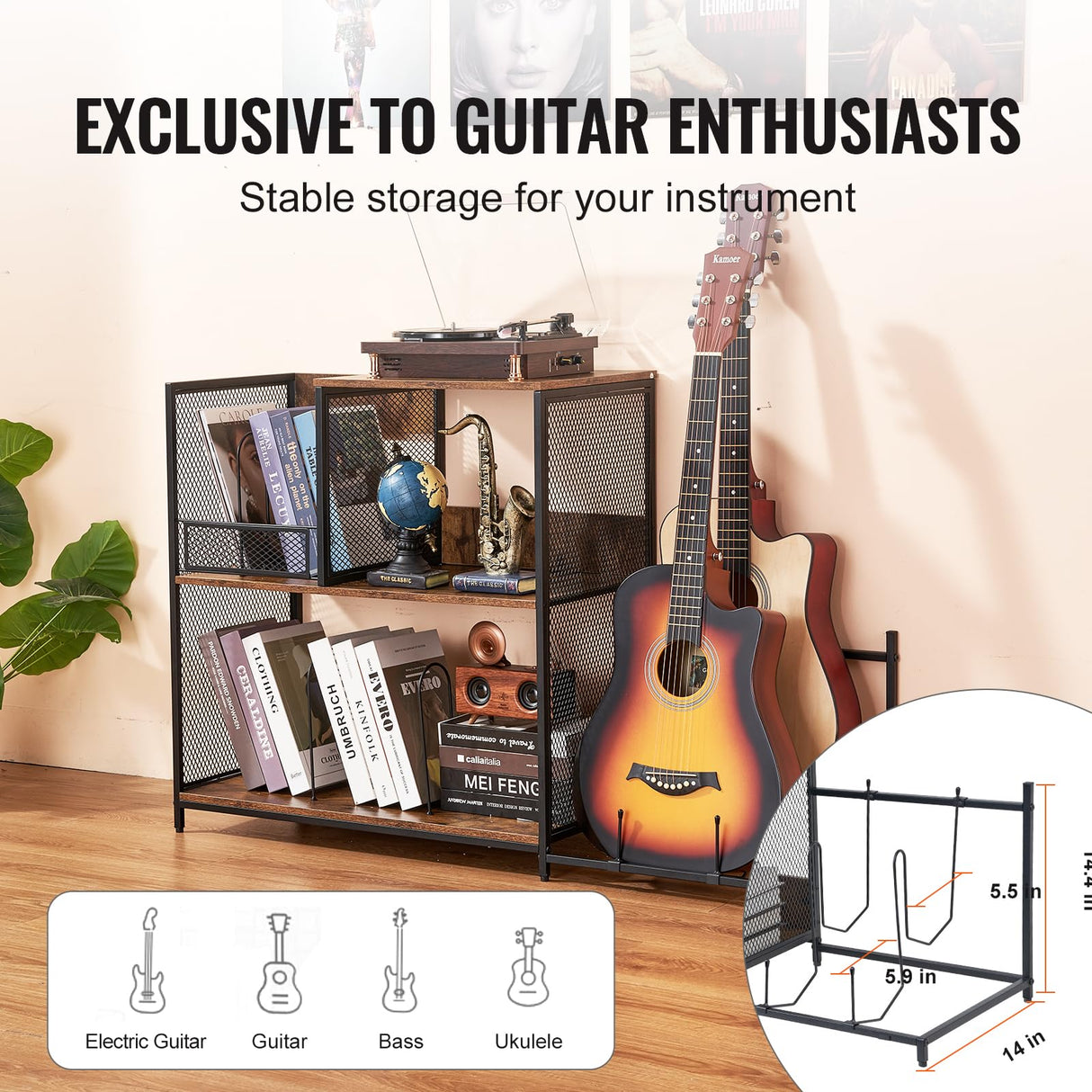 VEVOR 3-Tier Record Player Stand with Guitar Holder, Turntable Stand with Storage Holds Up to 300 Albums, Vinyl Record Cabinet with Metal Mesh Frame for Living Room, Bedroom, Black VEVOR