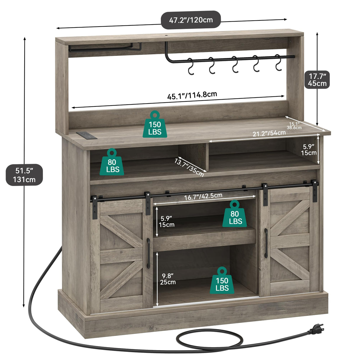 YITAHOME Buffet Cabinets with Storage, 47" Coffee Bar with Goblet Holder & Power Outlet, Farmhouse Sideboard Cabinets with Sliding Barn Doors for Kitchen, Living Room (Rustic Grey Oak) YITAHOME