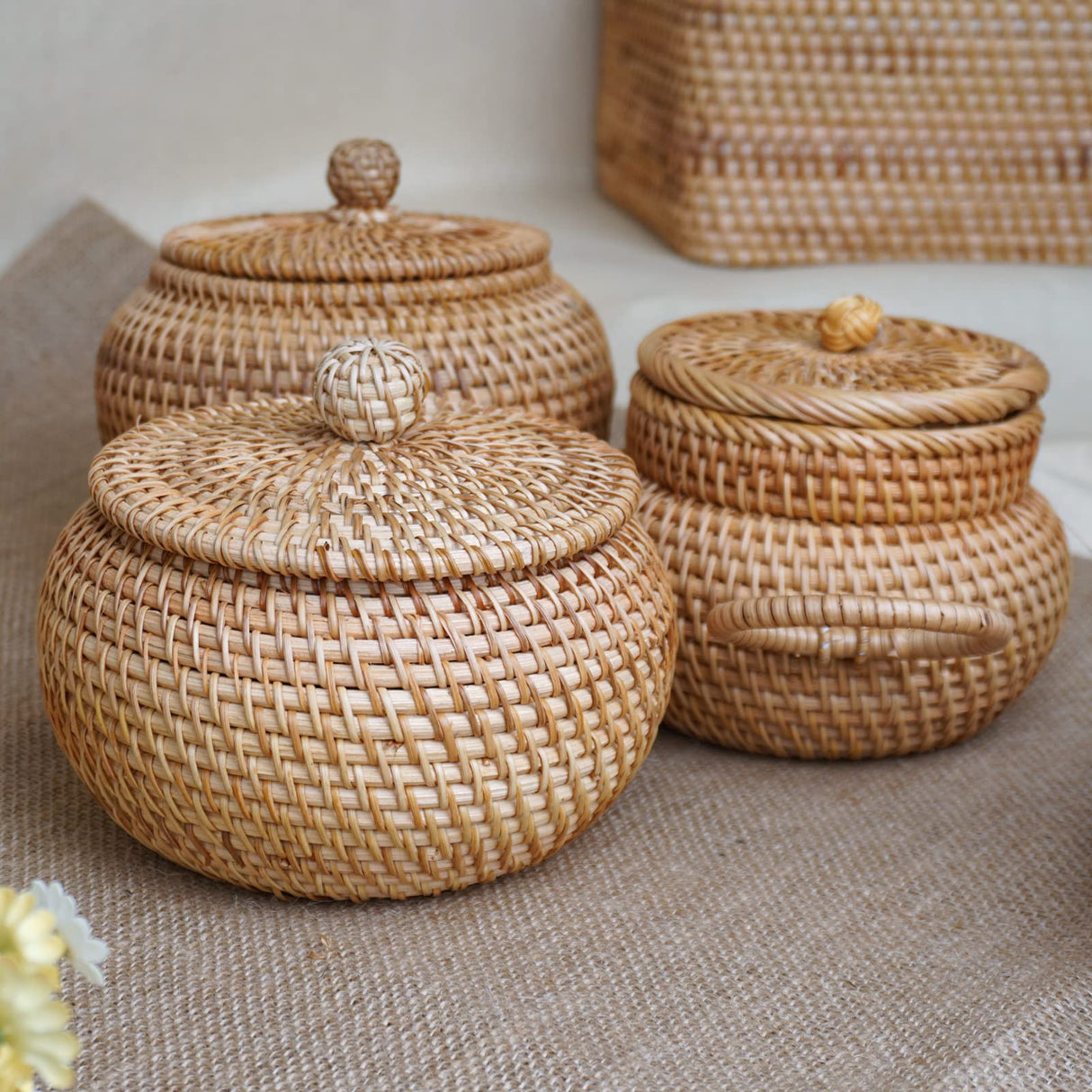 Round Rattan Basket Box with Lid Hand-Woven Wicker Basket Bin Multi-Purpose Wicker Tray 6.3Inch Picnic Food Bread Storage Basket (16x13cm) Lilacooqinn
