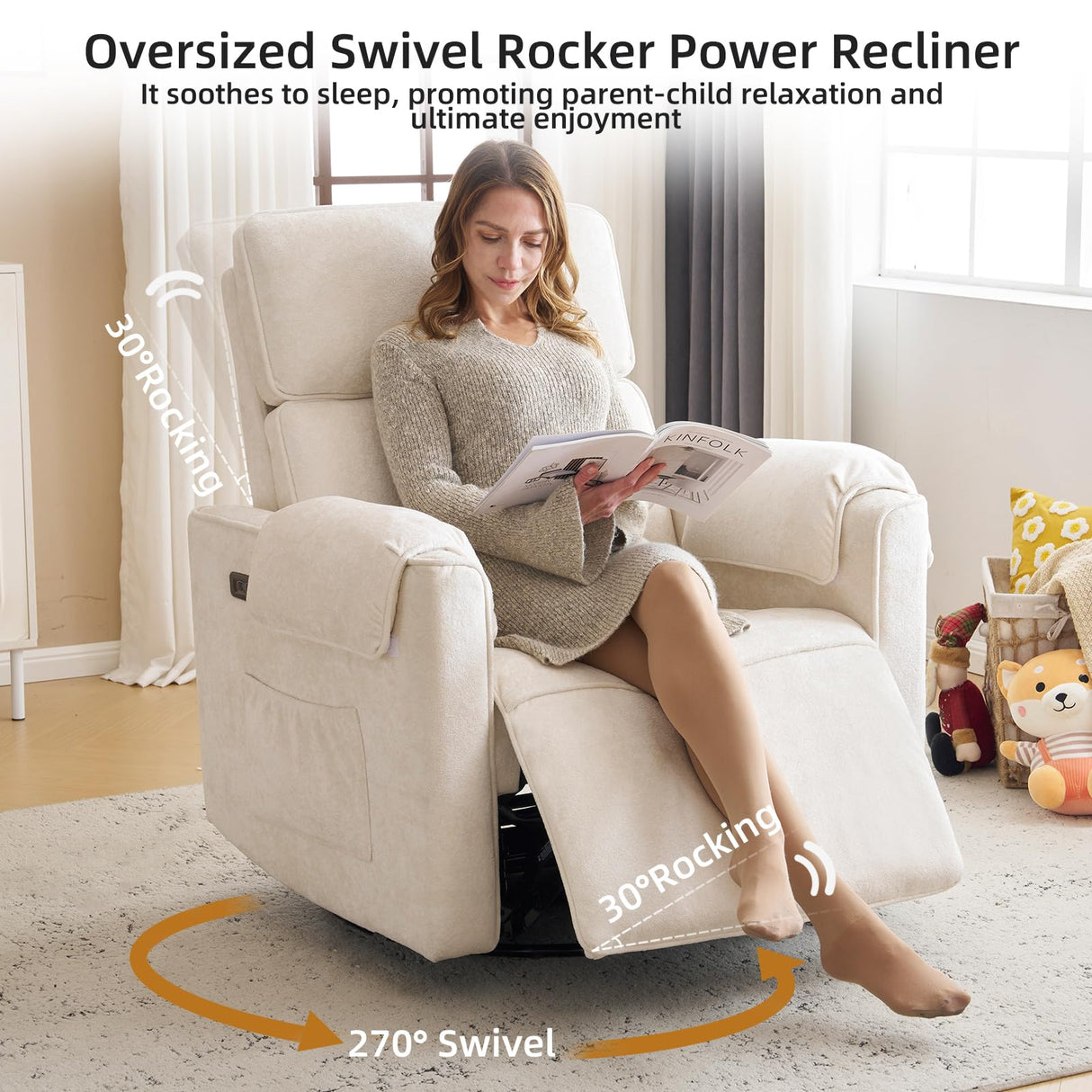 Rhevoy Oversized Power Recliner Chair, 26" Extra Wide Swivel Rocker Recliner with Adjustable Headrest, Chenille Glider Rocking Nursery Chair with Overstuffed Armrest, USB Ports, Cream Rhevoy