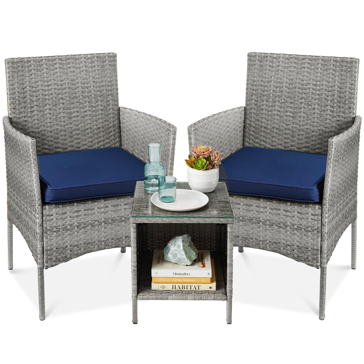 Best Choice Products 3-Piece Outdoor Wicker Conversation Bistro Set, Space Saving Patio Furniture for Garden w/Side Table - Gray/Navy Best Choice Products