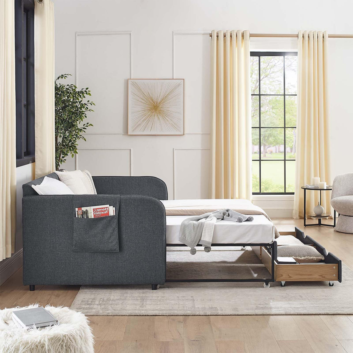 Antetek 80.5" Daybed with Drawer, Modern Button Tufted Linen Day Bed with Trundle Bed Twin to King, Upholstered Daybed Frame w/Storage Pocket for Bedroom, Living Room, No Box Spring Needed, Dark Grey Antetek