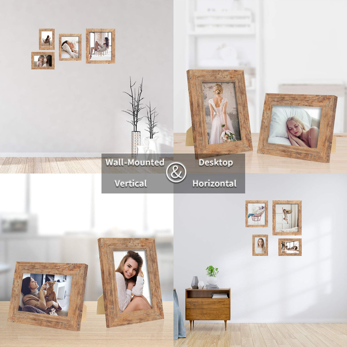 iRahmen 5x7 Picture Frame Set of 4, High Definition Real Glass Rustic Brown Frame, 5 x 7 Wood Photo Frames for Tabletop Display and Wall Mounting iRahmen
