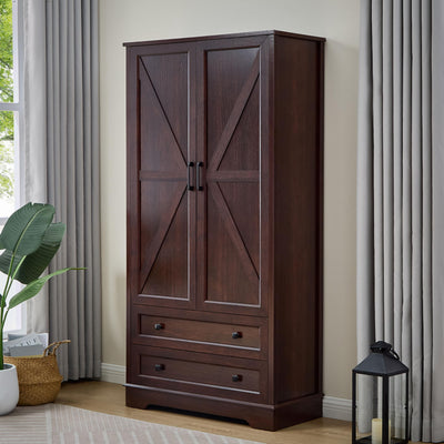 SOOWERY Cherry Wood Dresser for Bedroom, 2 Drawers Farmhouse Wood Wardrobe with Multiple Storage, 71 Inches Tall Armoire for Bedroom, Living Room, Hallway