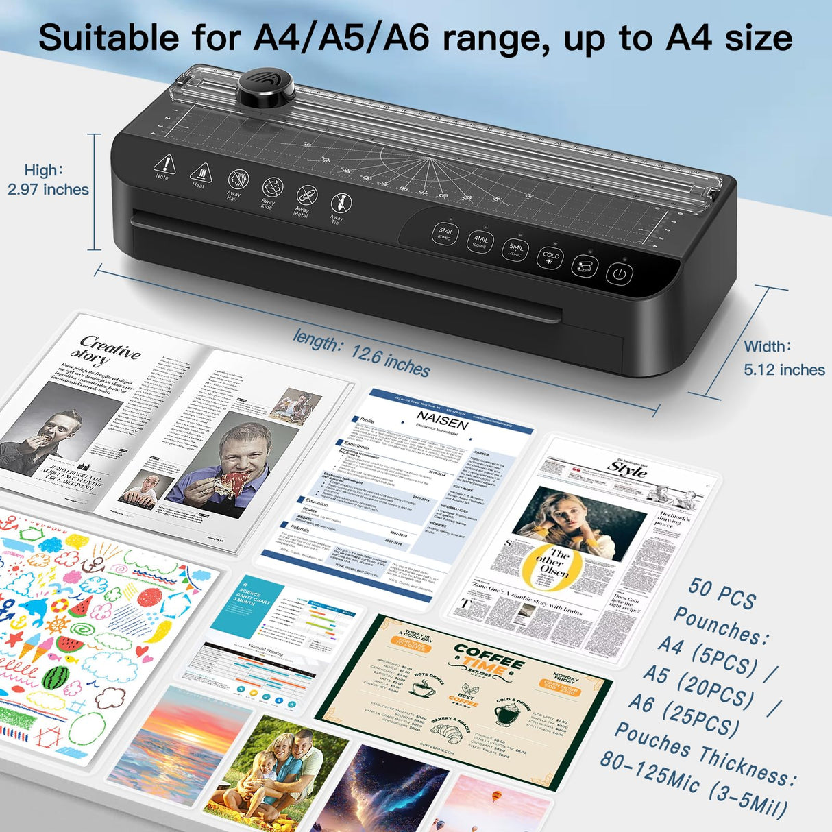 Raycial Laminator Machine A4, Laminating Machine with 50 Laminating Pouches, Hot and Cold Thermal Laminator, 4-in-1 Lamination Machine with 5 Laminating Modes and Auto-Off for Home Office School Use Raycial