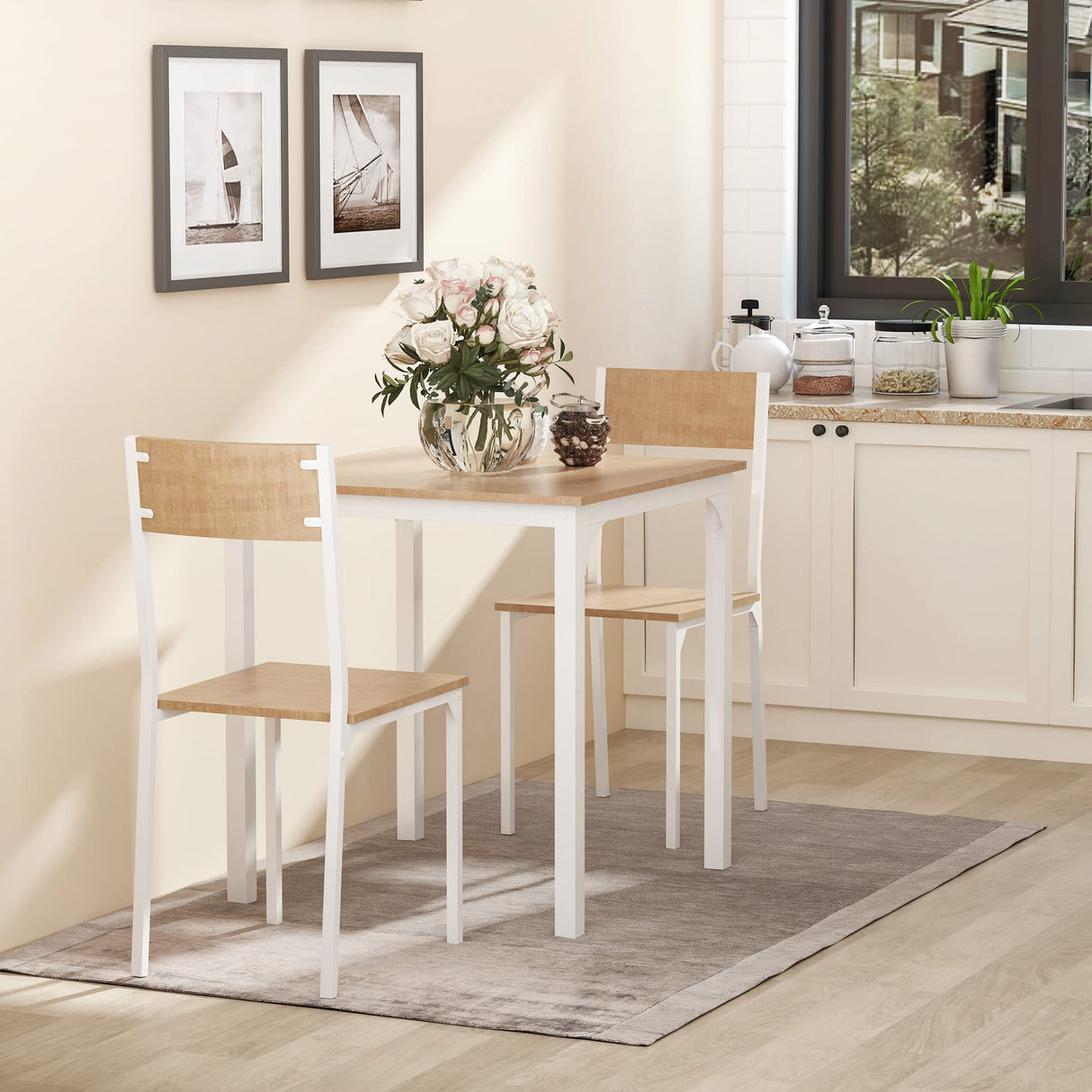 HOMCOM 3-Piece Wooden Square Dining Table Set with 1 Table and 2 Chairs and Sturdy Metal Frame for Small Space, White HOMCOM