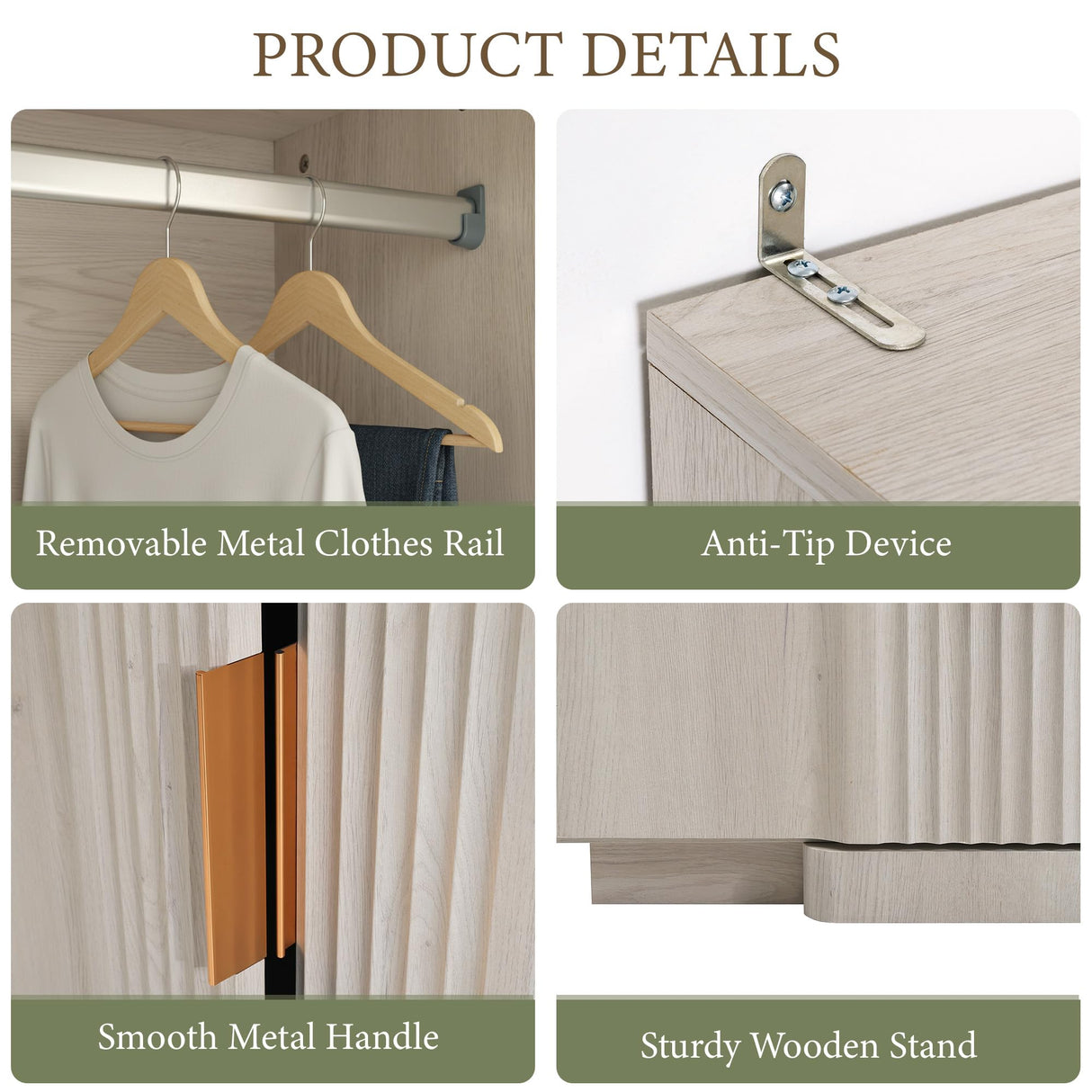 Brafab Armoire Wardrobe Closet, Modern 64.2" Freestanding Closet Wardrobe Cabinet with Drawer and Hanging Rail, Fluted Carved Wooden Storage Cabinet with Shelve for Bedroom, White Brafab