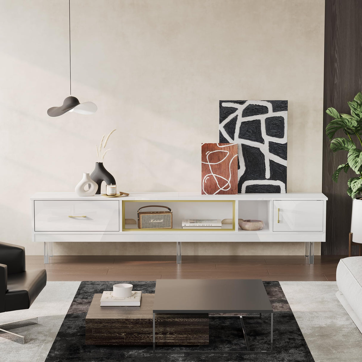 Bestier Modern TV Stand for 85 inch TV, 80 inch Long LED Entertainment Center with Storage Drawer & Cabinets for Living Room, High Gloss Media Console Table, Furniture in Living Room, White Gold Bestier