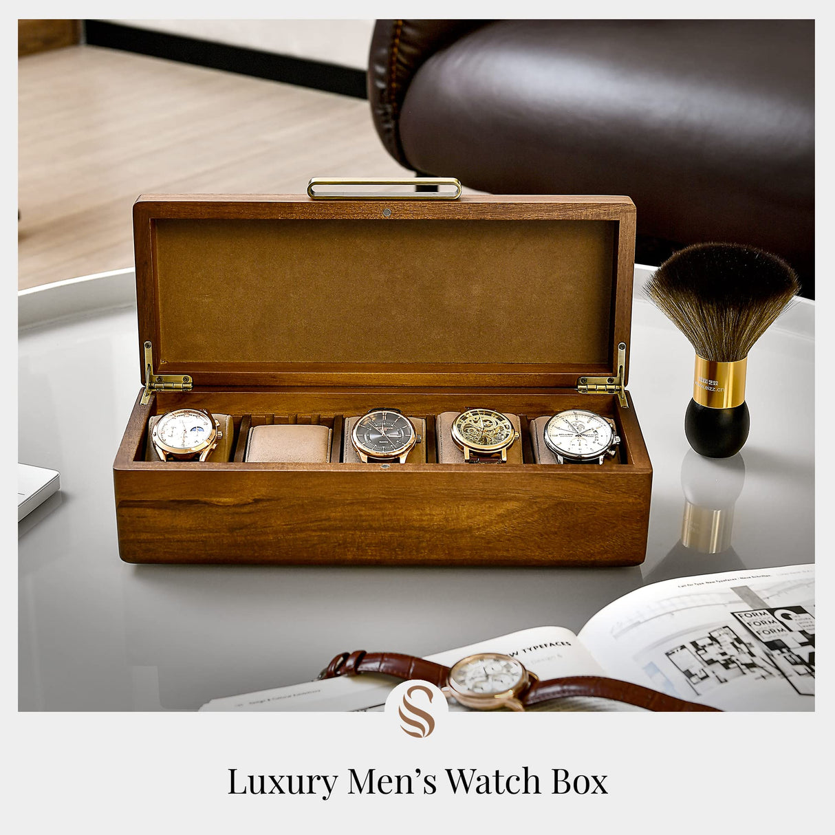 Shanik Wooden Watch Box for Men - Personalized Storage with 5 Slots for Watches, Soft Velvet Pillows, Natural Acacia Wood (Wooden Watch Box/Without Engraving) Shanik