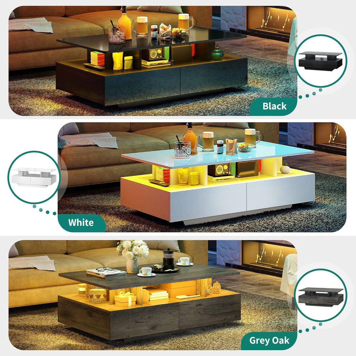 YITAHOME LED Coffee Table with Storage, Modern Coffee Tables for Living Room, High Glossy LED Coffee Table with Open Display Shelf & Sliding 4 Drawers, Rectangular Small Center Table, White YITAHOME