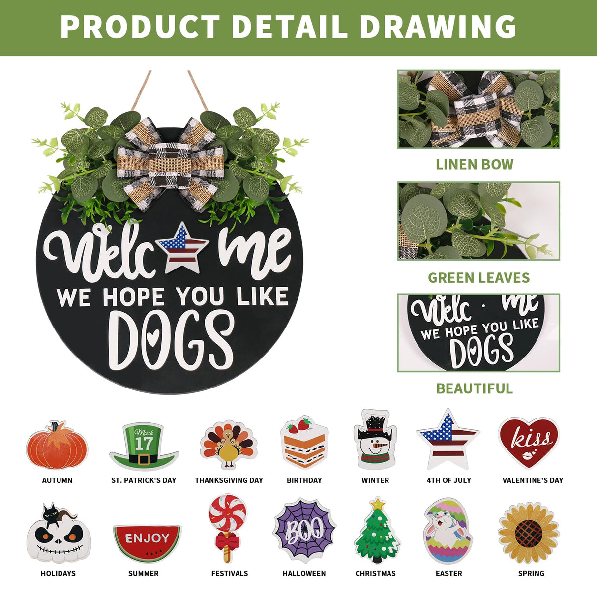 Interchangeable Wooden Seasonal Welcome Sign, Rustic Round Dogs Sign Front Door Wreaths for Home/Wall/Porch Decor, for Easter Spring Summer Fall Halloween Christmas All Season Decorations RoseCraft