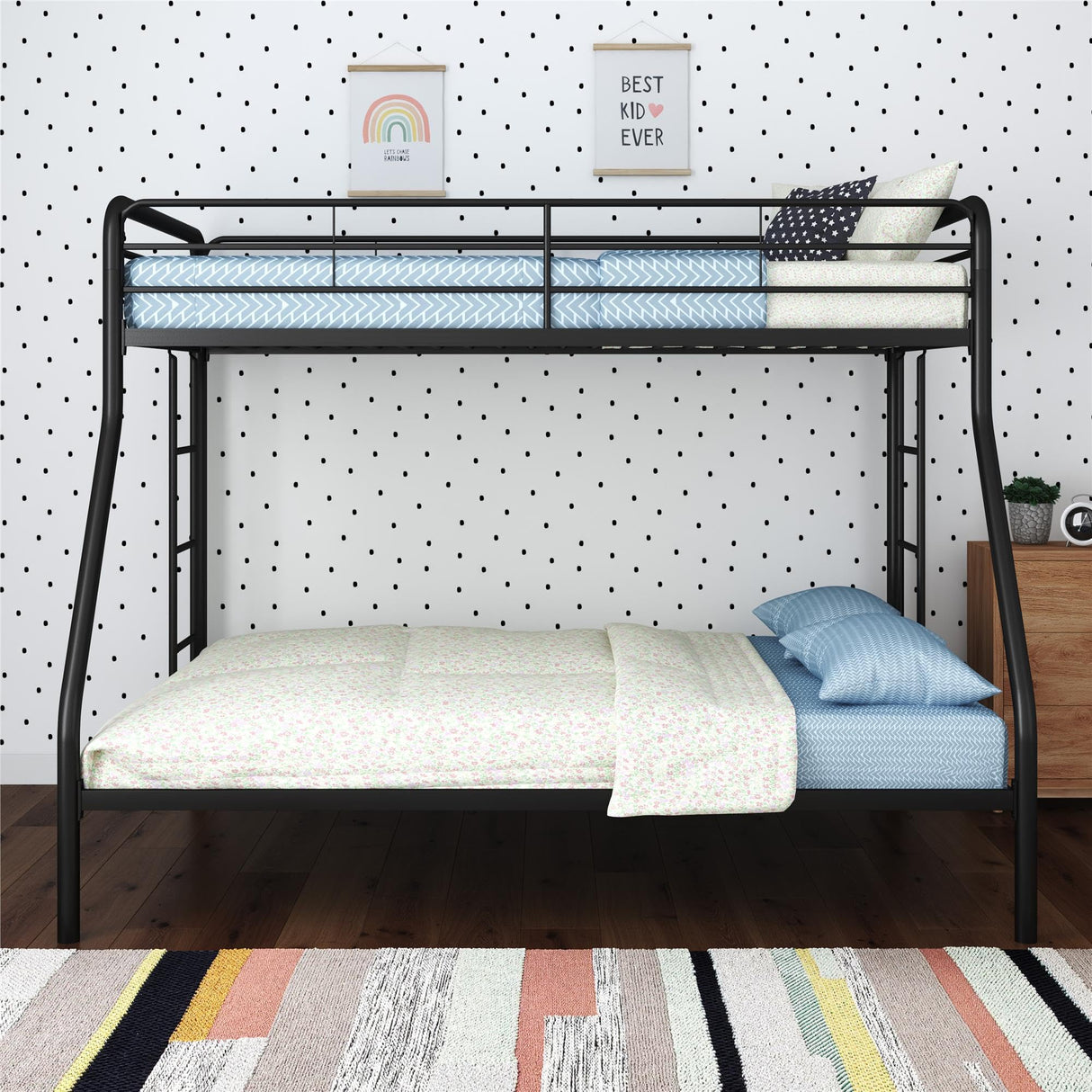 DHP Dusty Metal Bunk Bed Frame for Kids, Teens, and Adults, With Angled Ladder, High Full Length Guardrail, Smooth Rounded Edges, No Boxspring Required, For Small Spaces, Twin-Over-Full, Black DHP