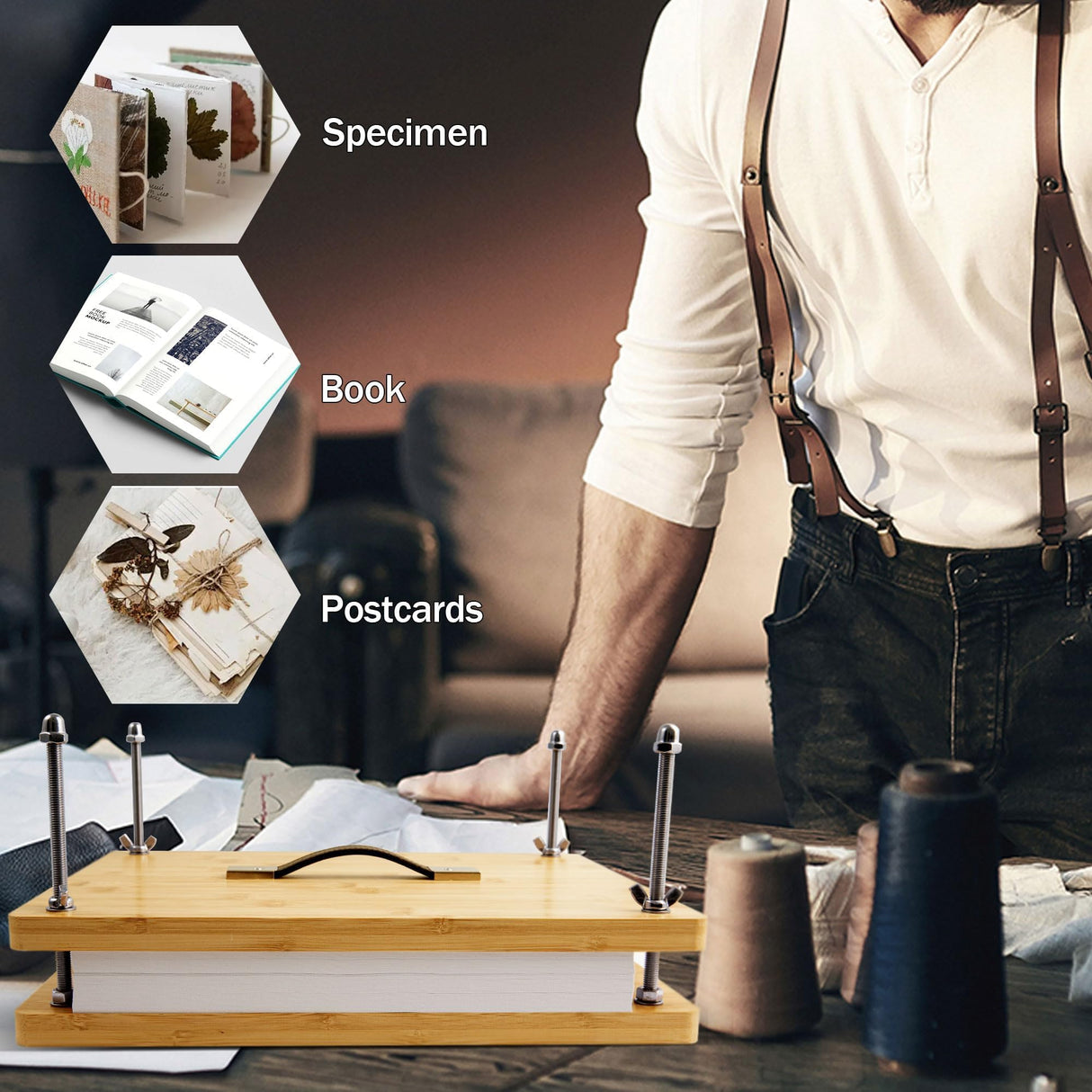 HAOPENGYOU 14.7"x11.4" Large Bamboo Book Press & Bookbinding Kit with Bone Folder, Awl, Needles - Complete DIY Book Repair Craft Set HAOPENGYOU