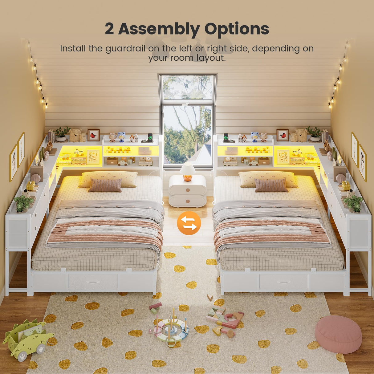 BTHFST Corner Bed Frame with Charging Station & Led Lights, Twin Bed Frame with 8 Storage Drawers & Bookcase, Twin Daybed with Storage Headboard for Kids Guests, White BTHFST