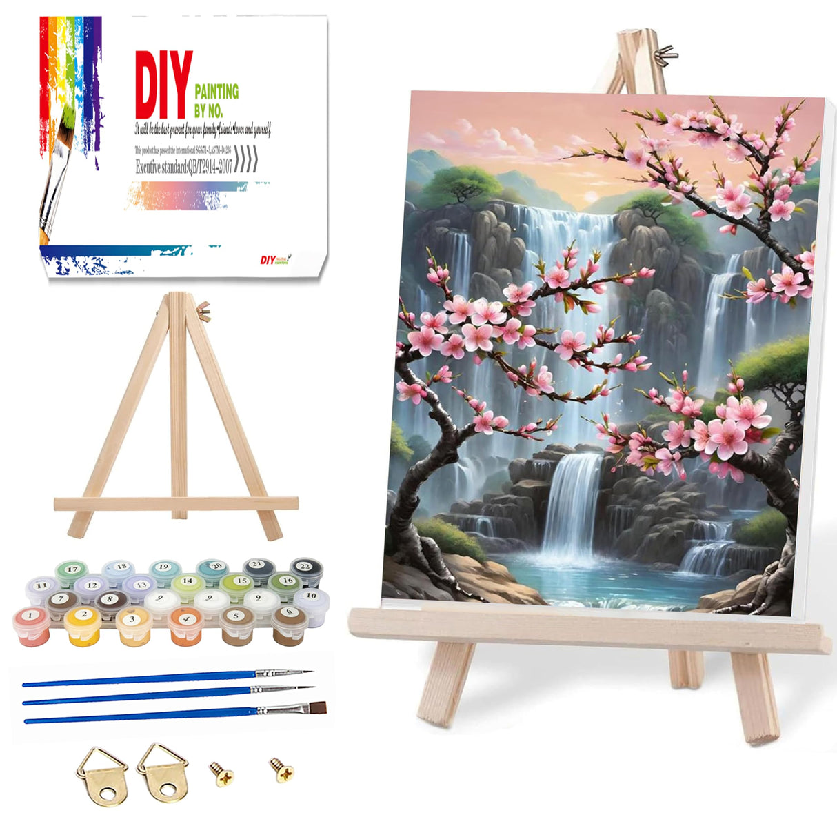 Paint by Numbers with Frame Wooden Easel-Plum Blossom Paint by Number Adult,Waterfall Paint by Numbers Framed Canvas,Adult Paint by Number Kits on Canvas Framed Gifts and Home Wall Decor 12x16inch Ausanrl