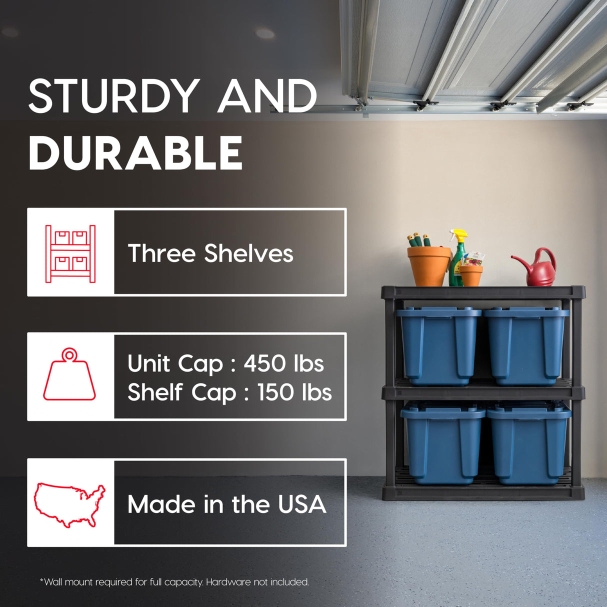 IRIS USA 3-Shelf Heavy Duty Plastic Storage Shelves, 450lb Capacity, 38"H x 36"W x 18"D, Large Modular Shelving Unit Storage Organizer for Garage, Home, Warehouse & Gym, Storage Rack - Black Iris Ohyama