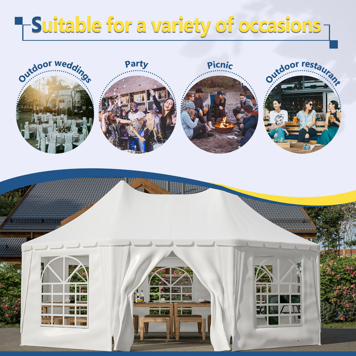 LZBEITEM Party Tent, 15x20FT Outdoor Canopy Tent with Sidewalls, Event Tent Heavy Duty, Wedding Gazebo Shelter, Large Tent with 8 Removable Sidewalls, Outdoor Tent for Backyard Party, Event, Wedding LZBEITEM