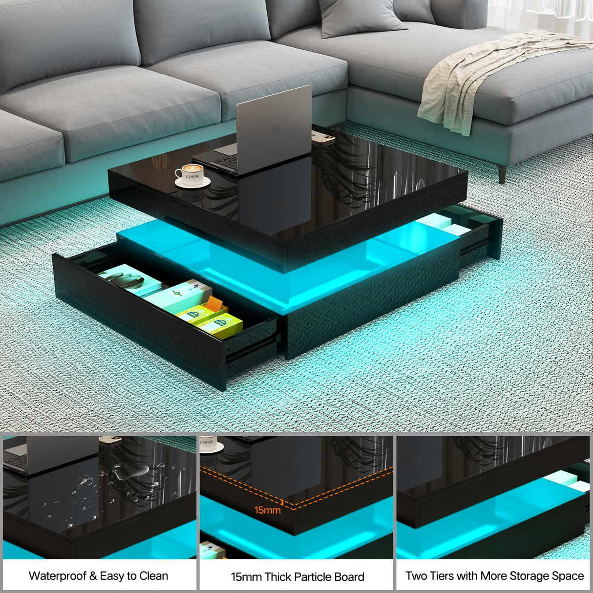 FKWin LED Coffee Table for Living Room with Storage - High Glossy Modern White Center Table with 2 Drawers, Square Wooden Middle Table with 16-Color Lights 31"" x 31"" x 14.6"" (Black) FKWin