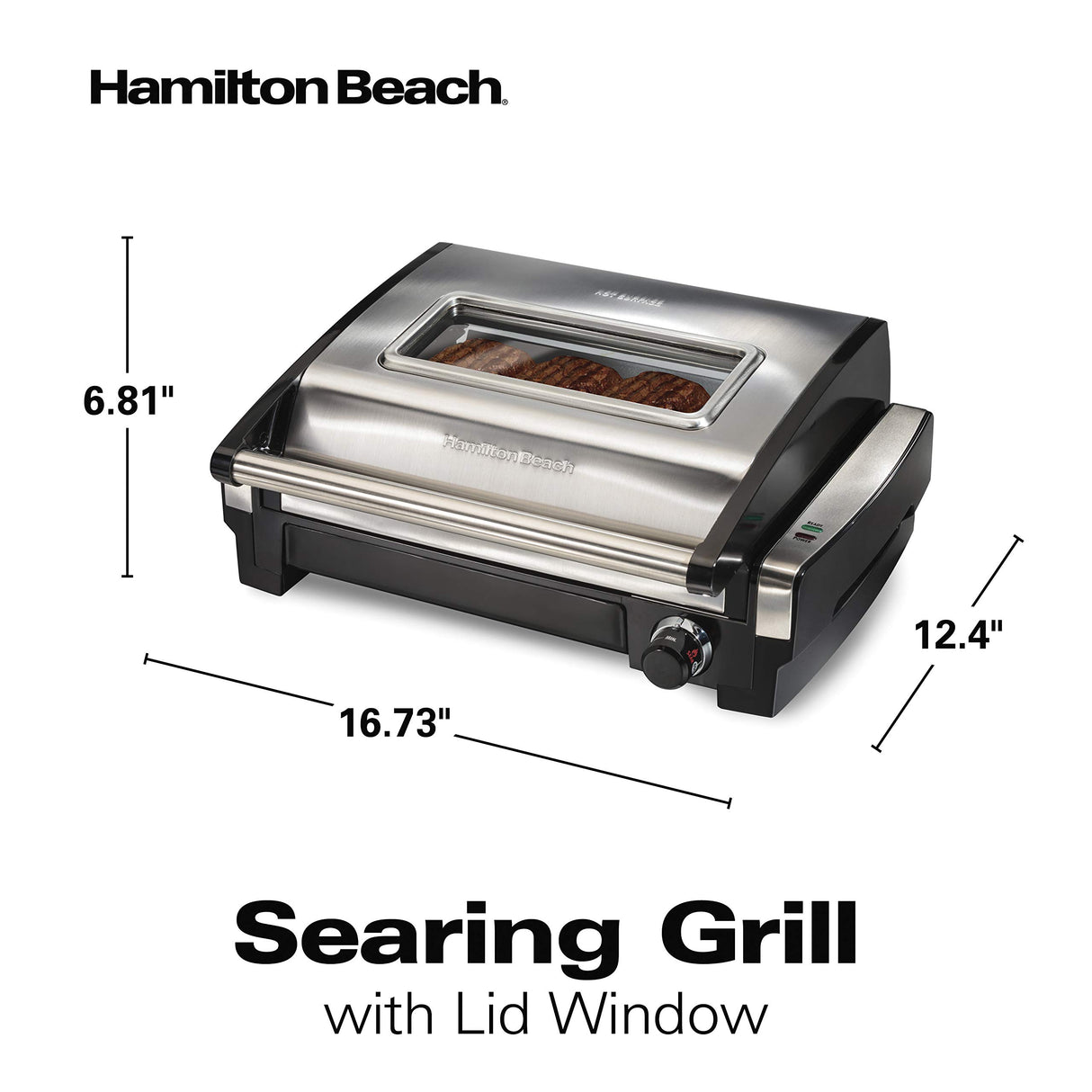 Hamilton Beach Electric Indoor Searing Grill with Viewing Window & Adjustable Temperature Control to 450F, 118 sq. in. Surface Serves 6, Removable Nonstick Grate, Stainless Steel Hamilton Beach