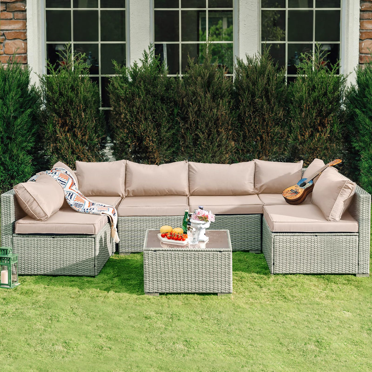 Skyfish 7 Pieces Patio Furniture Set - Outdoor Sectional Wicker Rattan Furniture with Cushion and Glass Table Patio Conversation Sets for Porch Poolside Backyard Outdoor Sofa Set Modular Sofa Skyfish