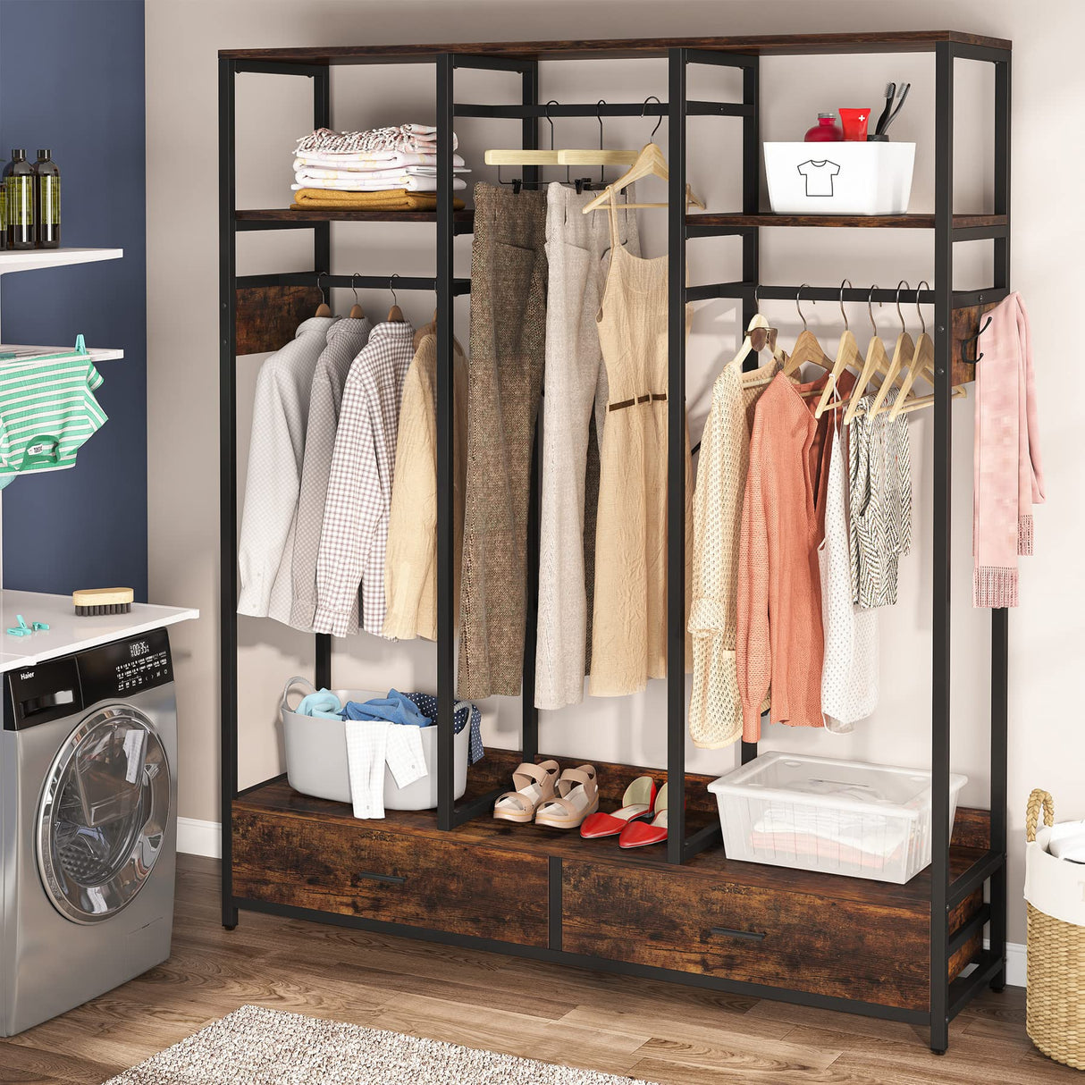 Tribesigns Clothes Rack for Hanging Clothes, Wardrobe Closet with 2 Drawers, Heavy Duty Garment Rack with Shelves and 6 Hanging Hooks, Freestanding Closet Organizer for Bedroom, Laundry, Rustic Tribesigns
