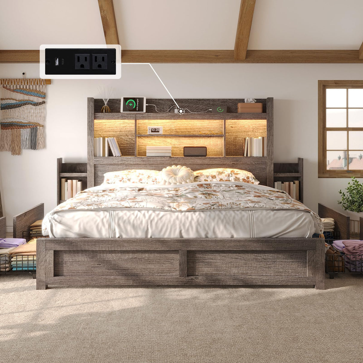 LUXOAK King Bed Frame with 49.6" Bookcase Headboard & 2 Bedside Stoage Racks & 4 Drawers, Farmhouse Wood Bed Frame with RGB LED & Charging Station, No Box Spring Needed, Grey LUXOAK