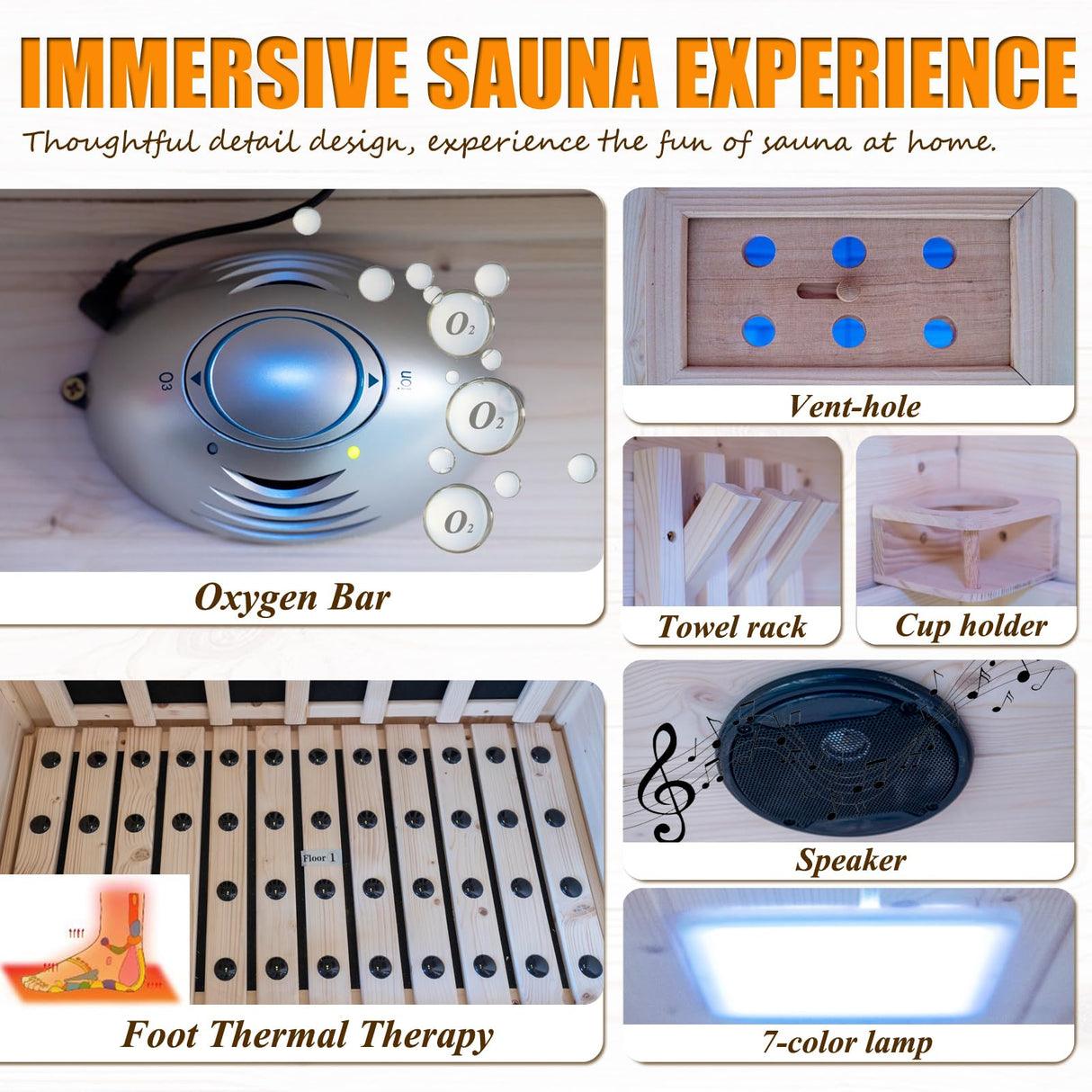 1 Person Far Infrared Home Sauna,Outdoor Indoor Wooden Dry Sauna Room with 5 Graphene Heating Panels,1400W/110V Tempered Glass Door, Oxygen Ionizer, 7 Chromotherapy Lights, Bluetooth Sound System Homsido