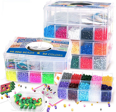 30,000 pcs Fuse Beads Kit 30 Colors 5MM for Kids, Including 10 Ironing Papers,48 Patterns, 7 Clear Pegboards, Tweezers, Perler Beads Compatible Kit