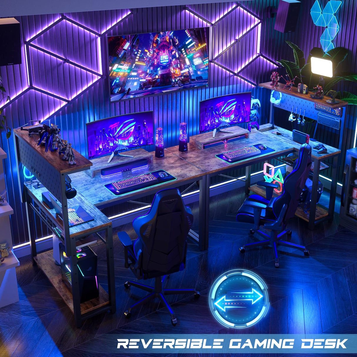 Homieasy Small Gaming Desk with Power Outlets Pegboard LED Light, 43 Inch L Shaped Computer Desk with Monitor Stand Storage Shelves, Reversible Corner Desk with Headset Hooks, Rustic Brown Homieasy