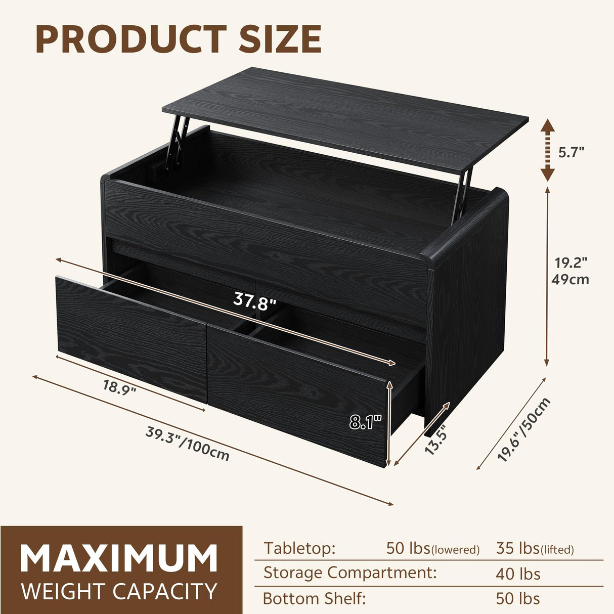 Homiflex Coffee Table Lift Top, 40 Inch Multi-Function Coffee Table with 2 Drawers, Hidden Compartment, Curved Profile Design, Converts to Home Office Table, Dining Table for Living Room, Black Homiflex